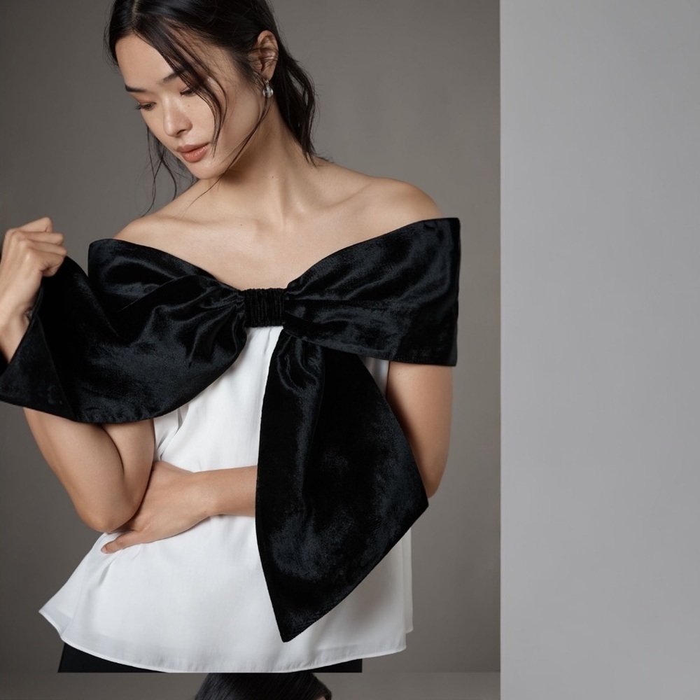 ANTHROPOLOGIE Mare Mare Color Block Off The Shoulder Velvet Bow Top NEW